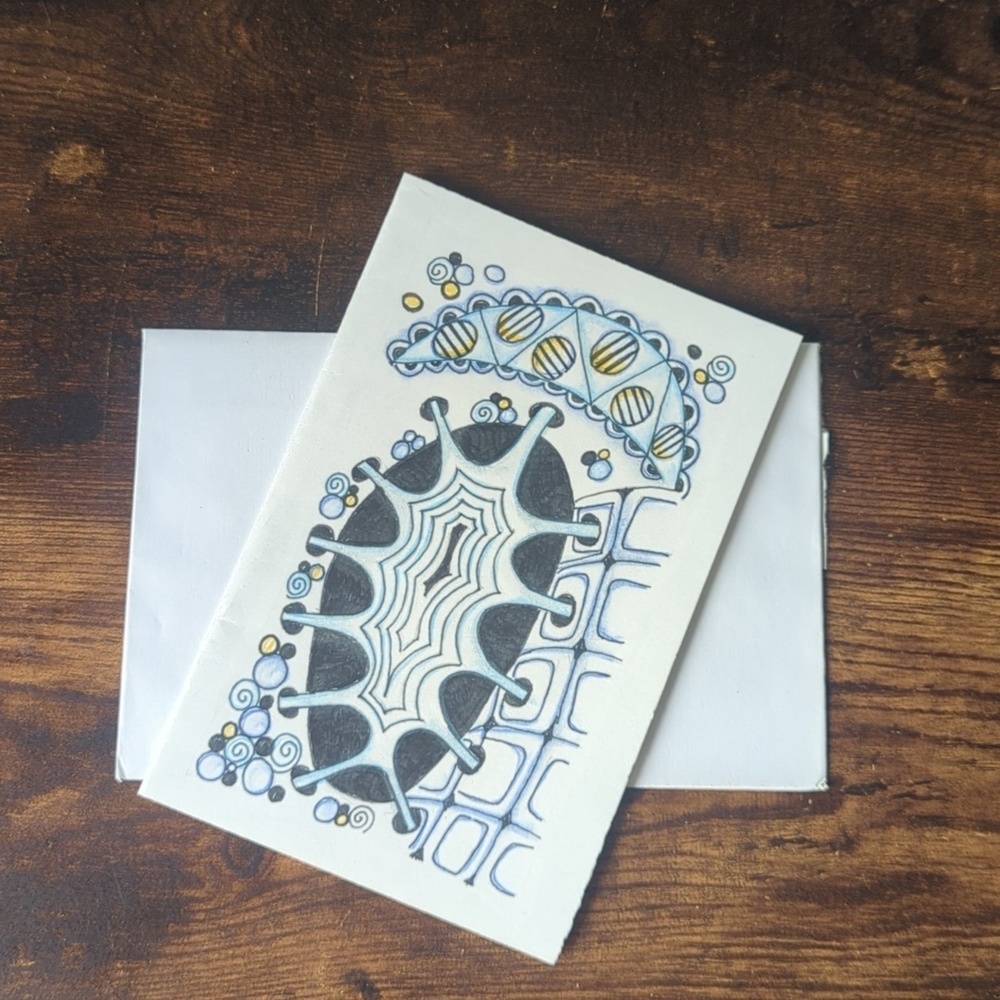 🌻 5/$20 Handmade Floral Zentangle Blanm Card- Blue,Yellow & Black